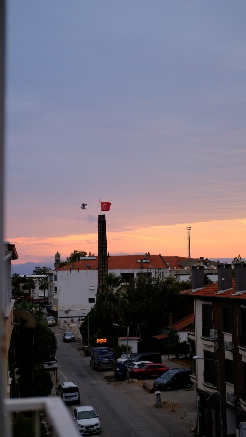 a turkish flag on a brick chimney and a bird against a pink sunrise sky