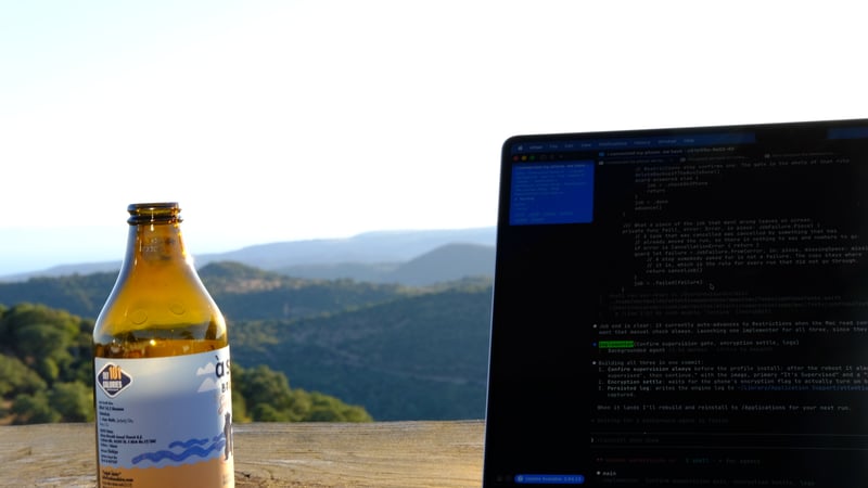 a beer bottle and a laptop with code on its screen above green hills